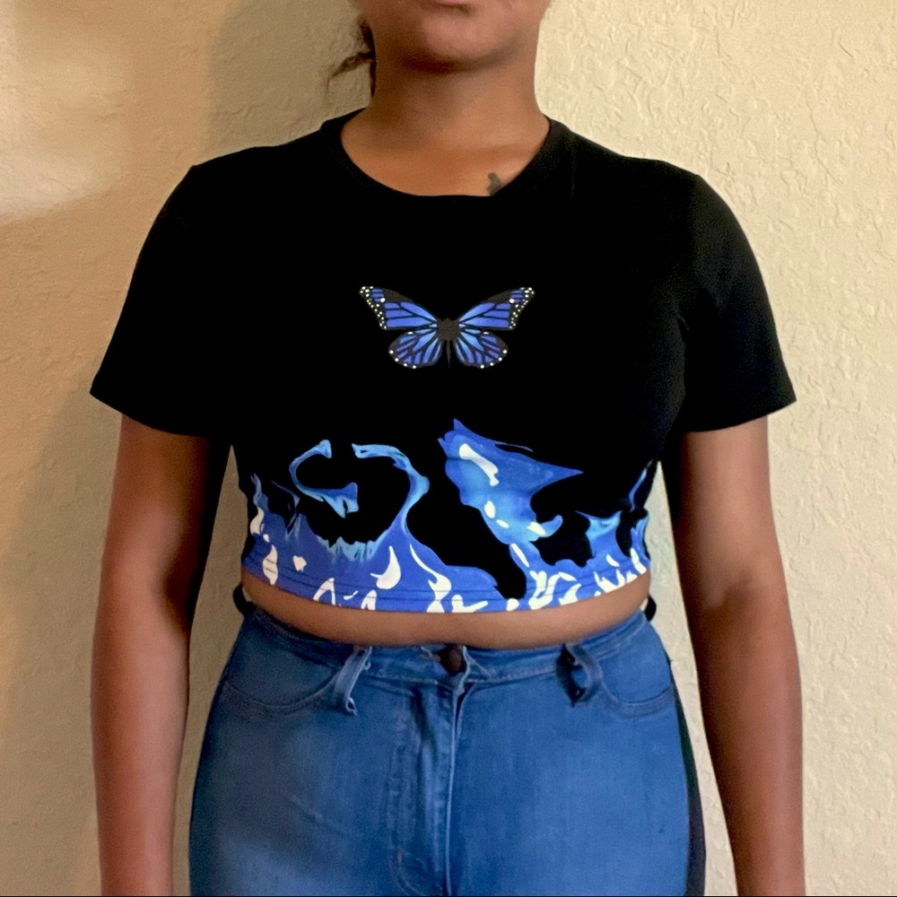 (Pre-Loved) Black/Blue Butterfly Crop Top